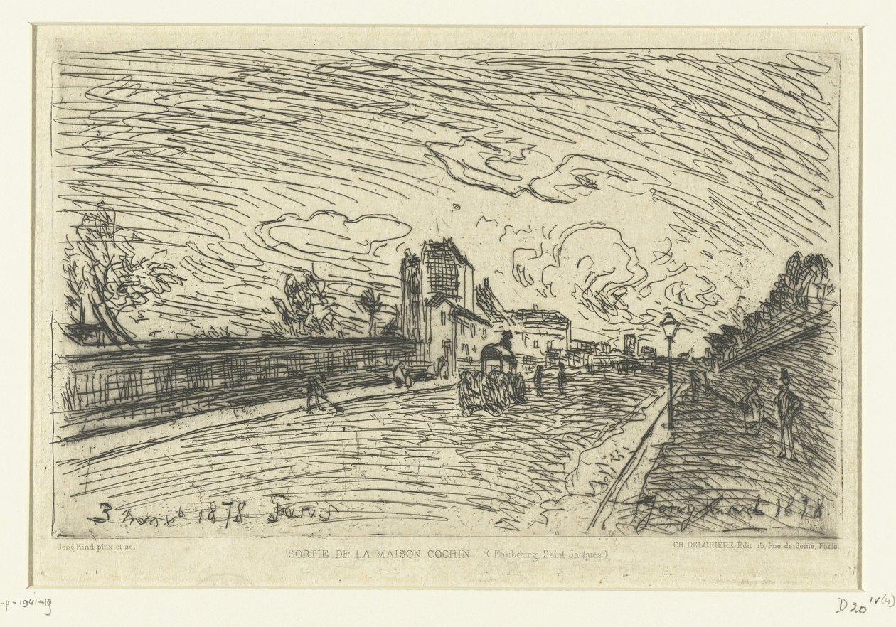 Výjezd z nemocnice Cochin (Faubourg Saint-Jacques, Paříž) Sortie de la Maison Cochin (Faubourg Saint-Jacques) (název na objektu) od Johan Barthold Jongkind