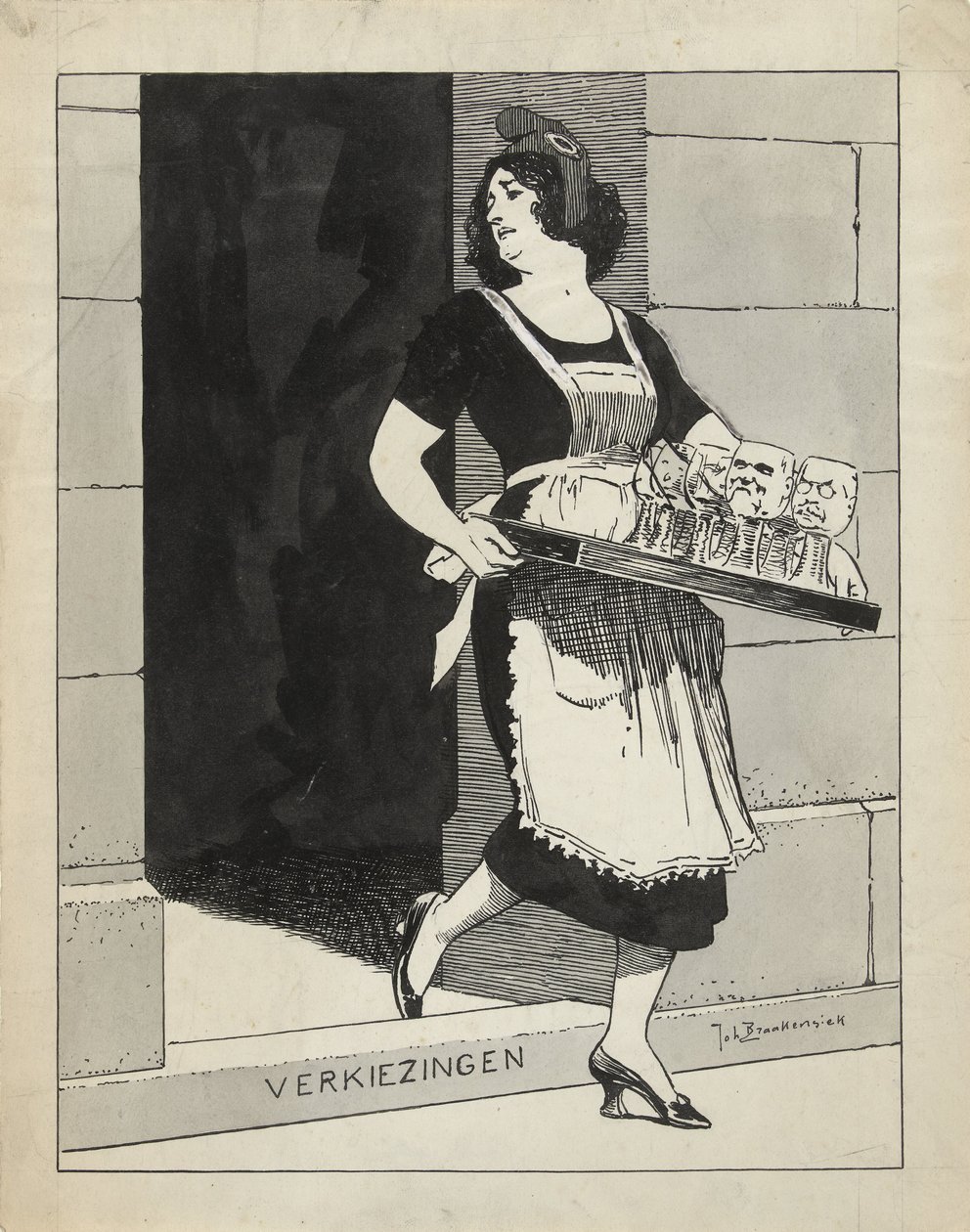 Design pro ilustraci v De Amsterdammer: Nizozemská panna jako služebná s podnosem sklenic klopýtá o krok voleb (17. května 1924) od Johan Braakensiek
