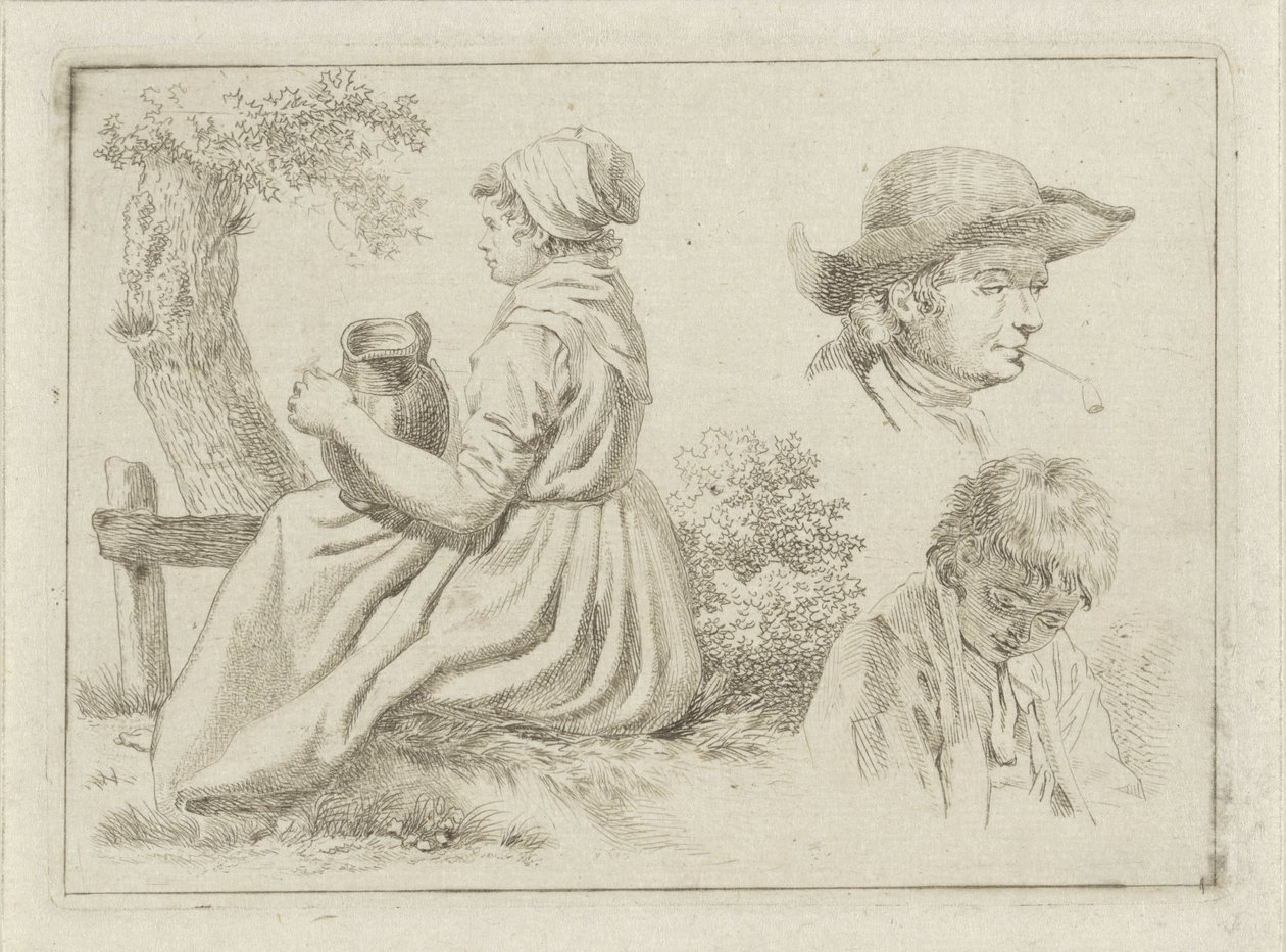 Sedící žena s džbánem, portrét muže s dýmkou a chlapcem od Johan Christiaan Willem Safft