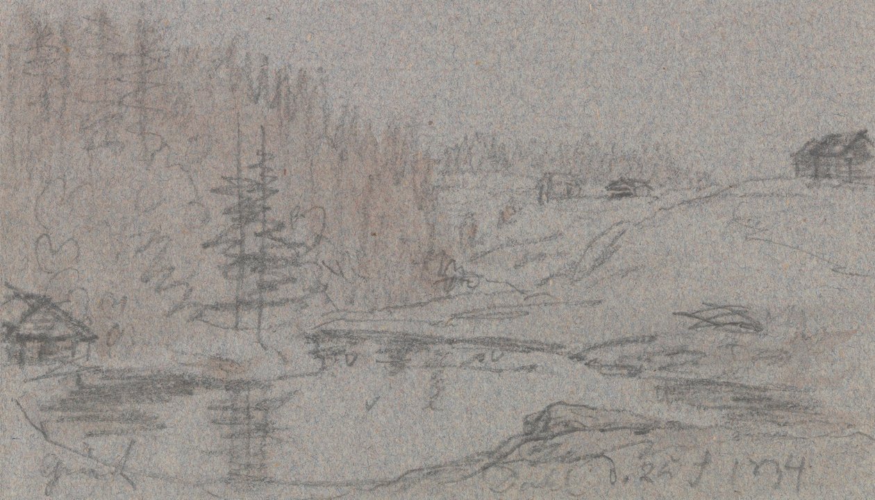 Krajina s řekou, domy a lesem od Johan Christian Dahl