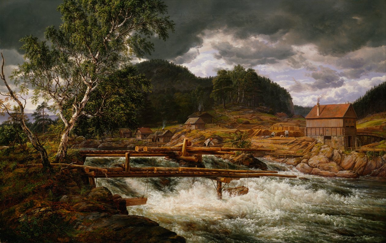 Norský jazyk Bokmål:  Hellefossen ved Hokksund Hellefossen u Hokksundu od Johan Christian Dahl