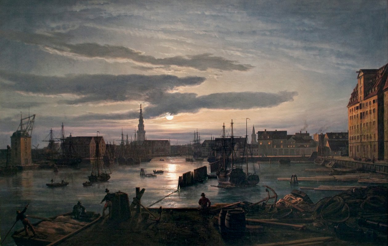 Norština:  Kodaňský přístav za svitu měsíce Kodaňský přístav za svitu měsíce od Johan Christian Dahl