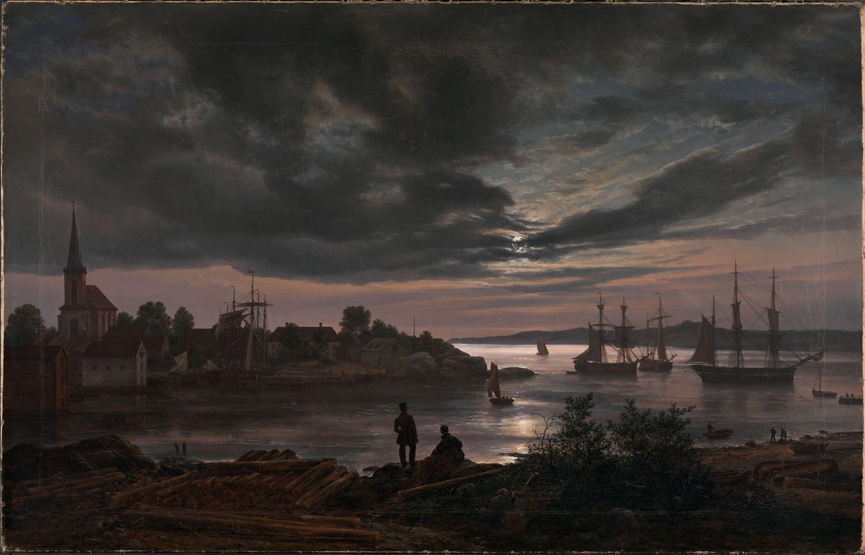 Norština:  Přístav Larvik za svitu měsíce Larvik za svitu měsíce od Johan Christian Dahl