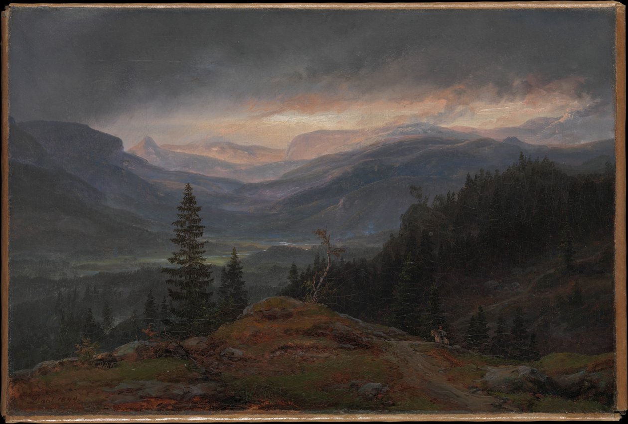 Norština:  Utsikt over Hallingdal Pohled na Hallingdal od Johan Christian Dahl