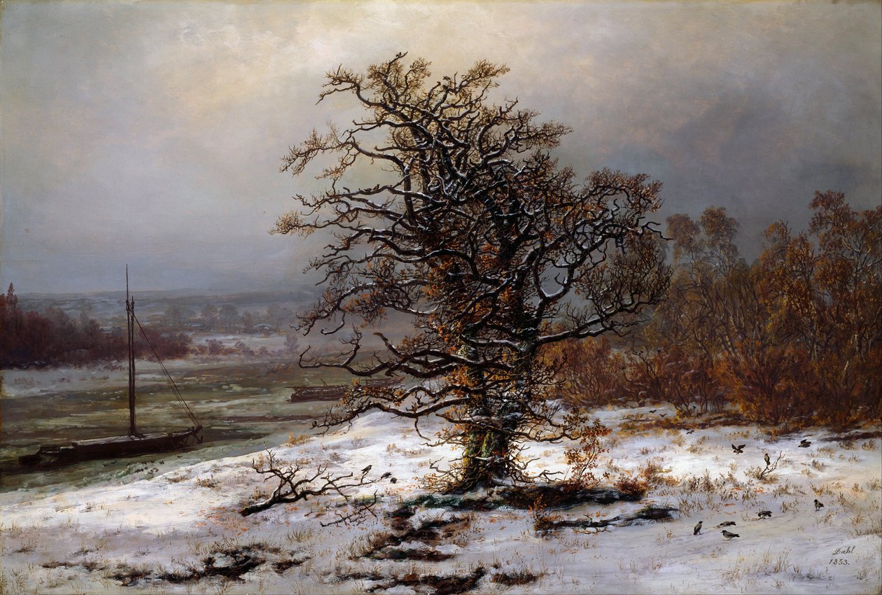 "Zimní krajina s dubem na břehu Labe, Německo"" Obraz od Johana Christiana Clausena Dahla (1788-1857) 1853 Národní muzeum umění, Oslo od Johan Christian Dahl