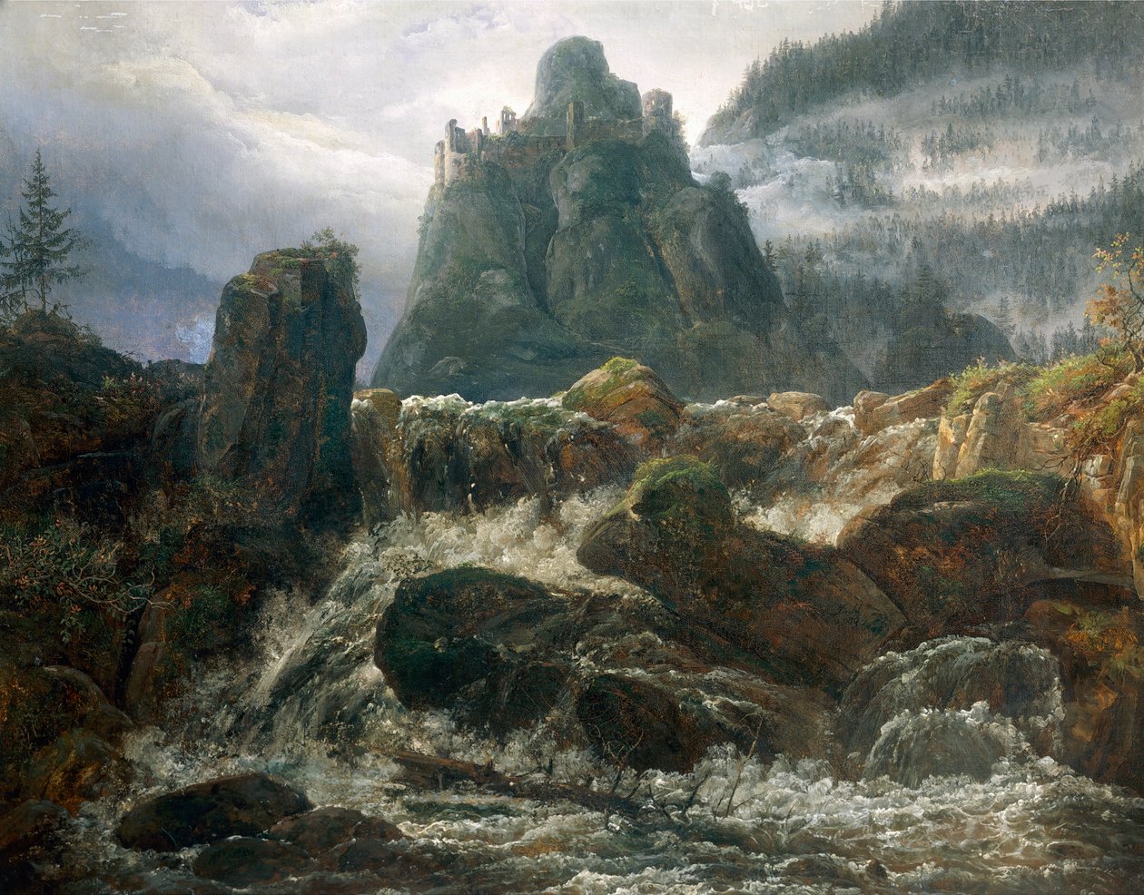 Romantické ruiny s bystřinou, maloval Johan Christian Clausen Dahl (1788-1857). od Johan Christian Dahl