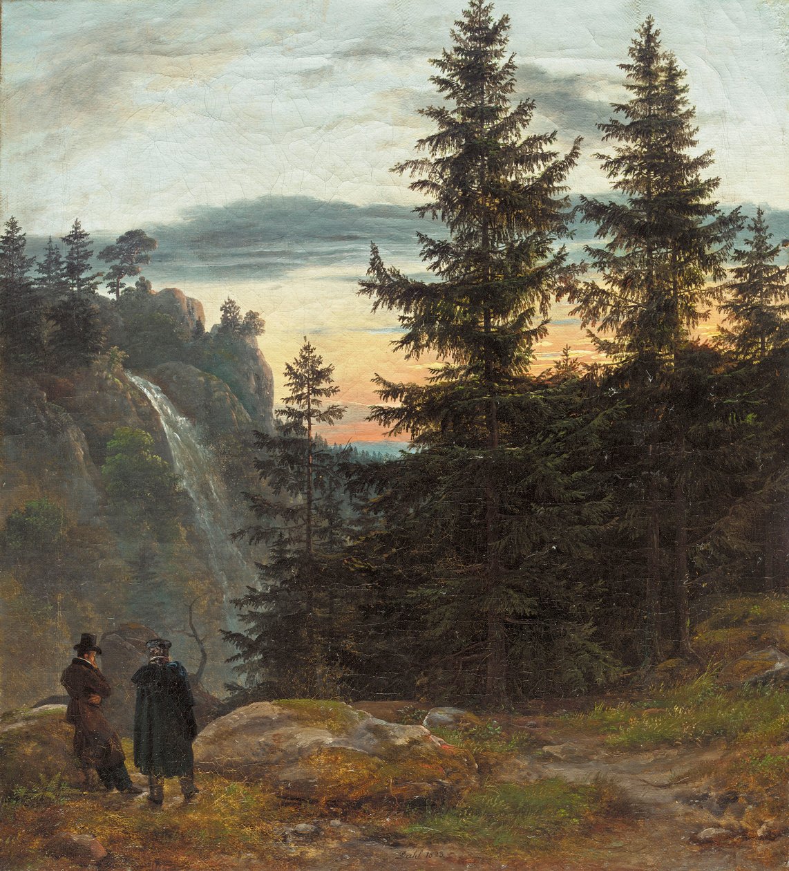 Dva muži před vodopádem při západu slunce od Johan Christian Dahl