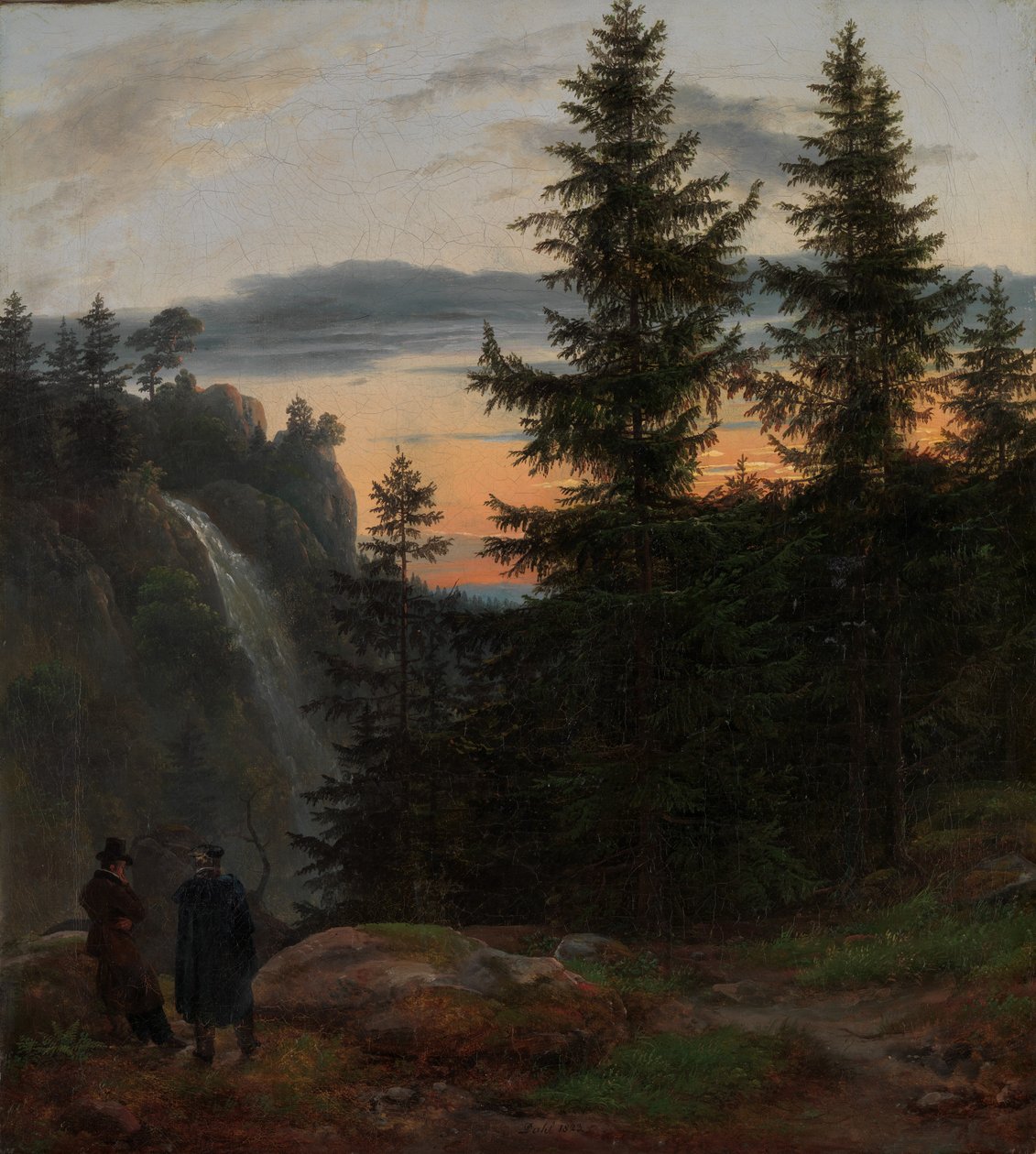 Dva muži před vodopádem při západu slunce, 1823. od Johan Christian Dahl