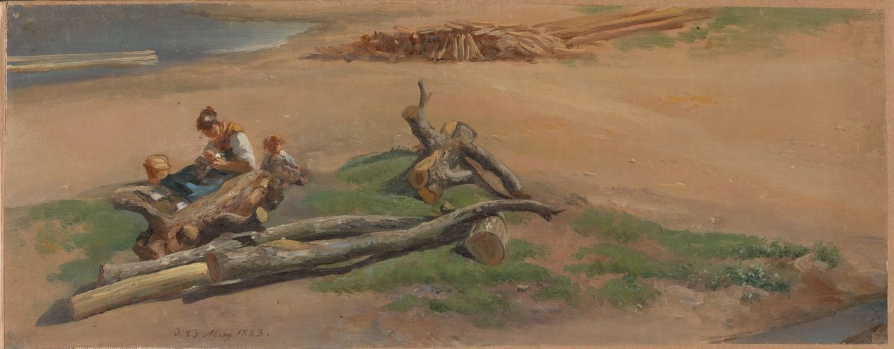 Žena a dítě na břehu řeky od Johan Christian Dahl