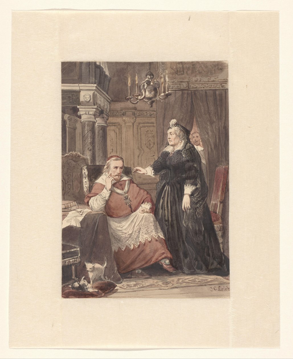 Dvě osoby v interiéru, možná Maria de Medici a kardinál de Richelieu od Johan Coenraad Leich (signed by artist)