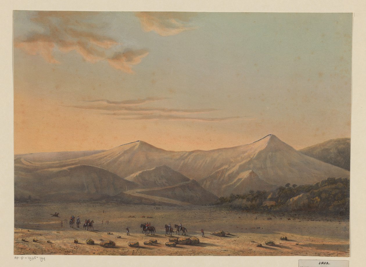 Pohled na sopku Bromo Oheň chrlí hora Bromo v roce 1856 (rezidence Probolingo) (název na objektu) od Johan Conrad Greive
