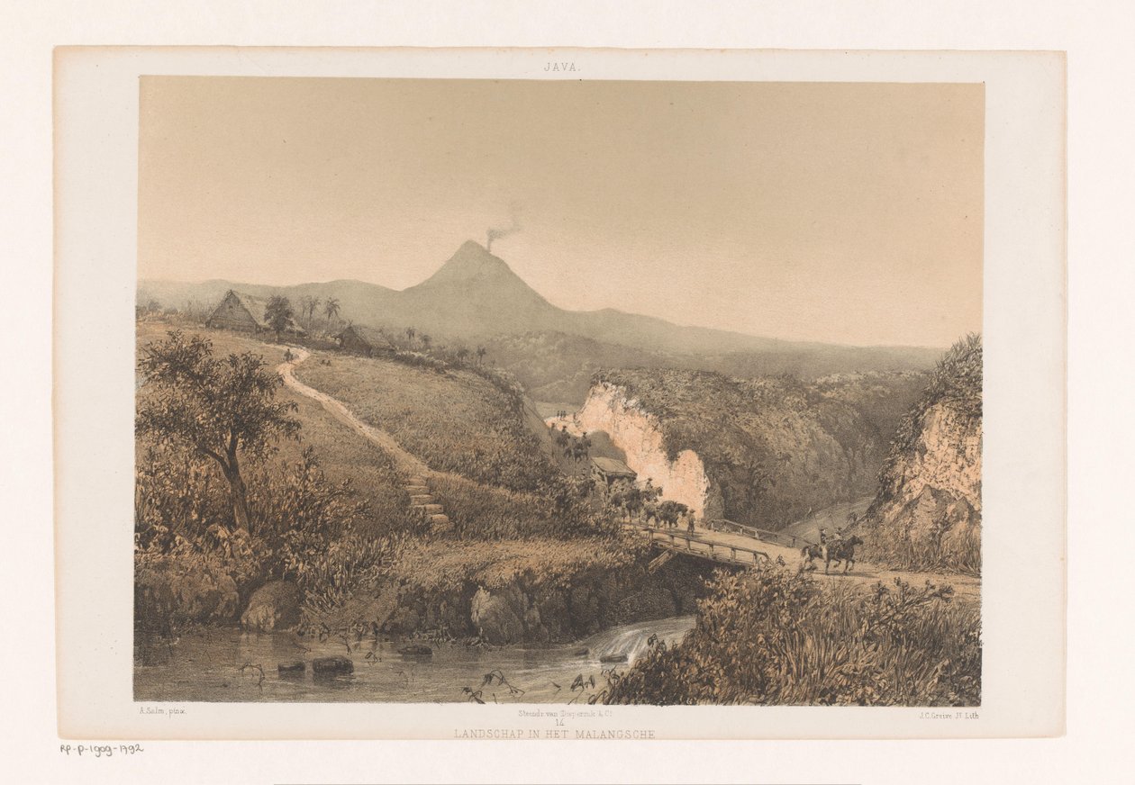 Krajina poblíž Malang Krajina v Malangsche; Rezidence Pasoeroean Krajina v Malangsche (název na objektu) Java po malbách a kresbách A. Salma (název série) od Johan Conrad Greive