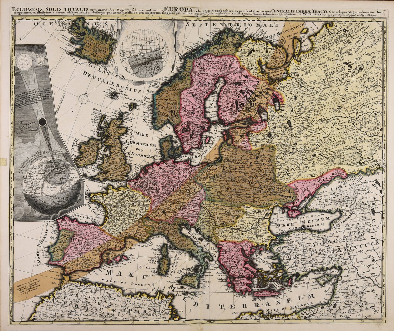 Úplné zatmění Slunce se zpožděním d. 12. května 1706 Mapa Evropy, na níž byl centrální stínový prostor a zbývající velikosti vhodné pro jejich příslušná místa, byla spuštěna z pozorování slavných mužů pomocí paralelního oblouku. od Johan Gabriel Doppelmayr