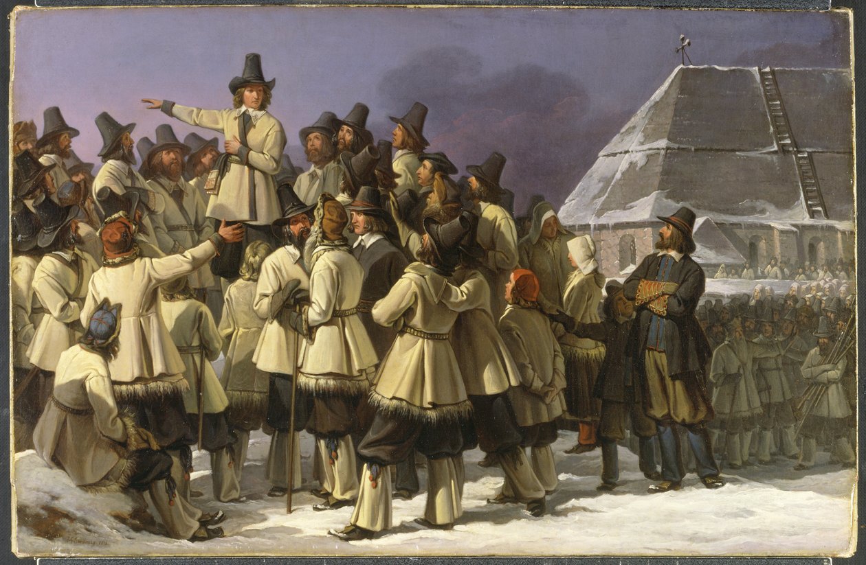 Král Gustav I Vasa (1496-1560) promlouvající k mužům Dalecarlie v Mora - Král Gustav Vasa Švédska promlouvající k mužům z Dalarny v Mora, Sandberg, Johan Gustaf (1782-1854). olej na plátně od Johan Gustaf Sandberg