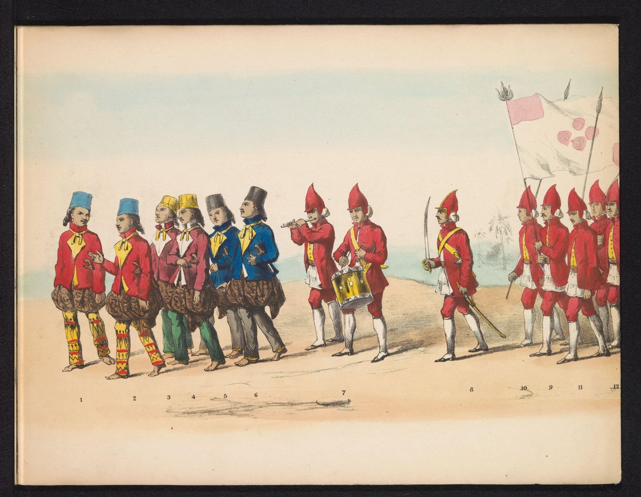 Maškaráda studentů z Delft, 1857 (deska 1) Krojovaný průvod pořádaný členy studentského sboru Delft 5. května 1857, zobrazující Garebegův průvod sultána z Djokjokarty a nejcharakterističtější typy z Nizozemí. od Johan Hendrik Hoffmeister