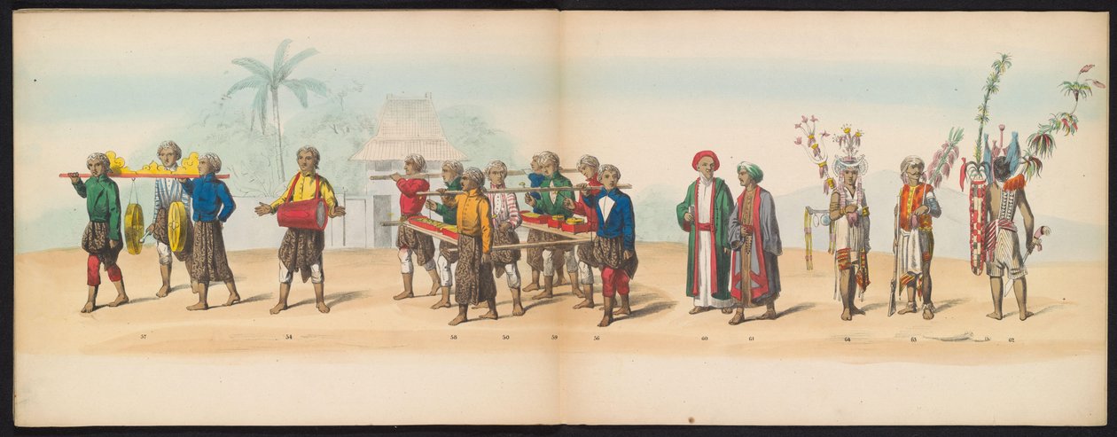 Maškaráda studentů z Delft, 1857 (deska 7) Krojovaný průvod pořádaný členy studentského sboru Delft 5. května 1857, zobrazující Garebegův průvod sultána z Djokjokarty a nejcharakterističtější typy z Nizozemí. od Johan Hendrik Hoffmeister