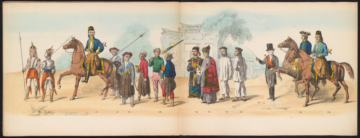 Maškaráda studentů z Delft, 1857 (deska 8) Krojovaný průvod pořádaný členy studentského sboru Delft 5. května 1857, zobrazující Garebegův průvod sultána z Djokjokarty a nejcharakterističtější typy z Nizozemí. od Johan Hendrik Hoffmeister
