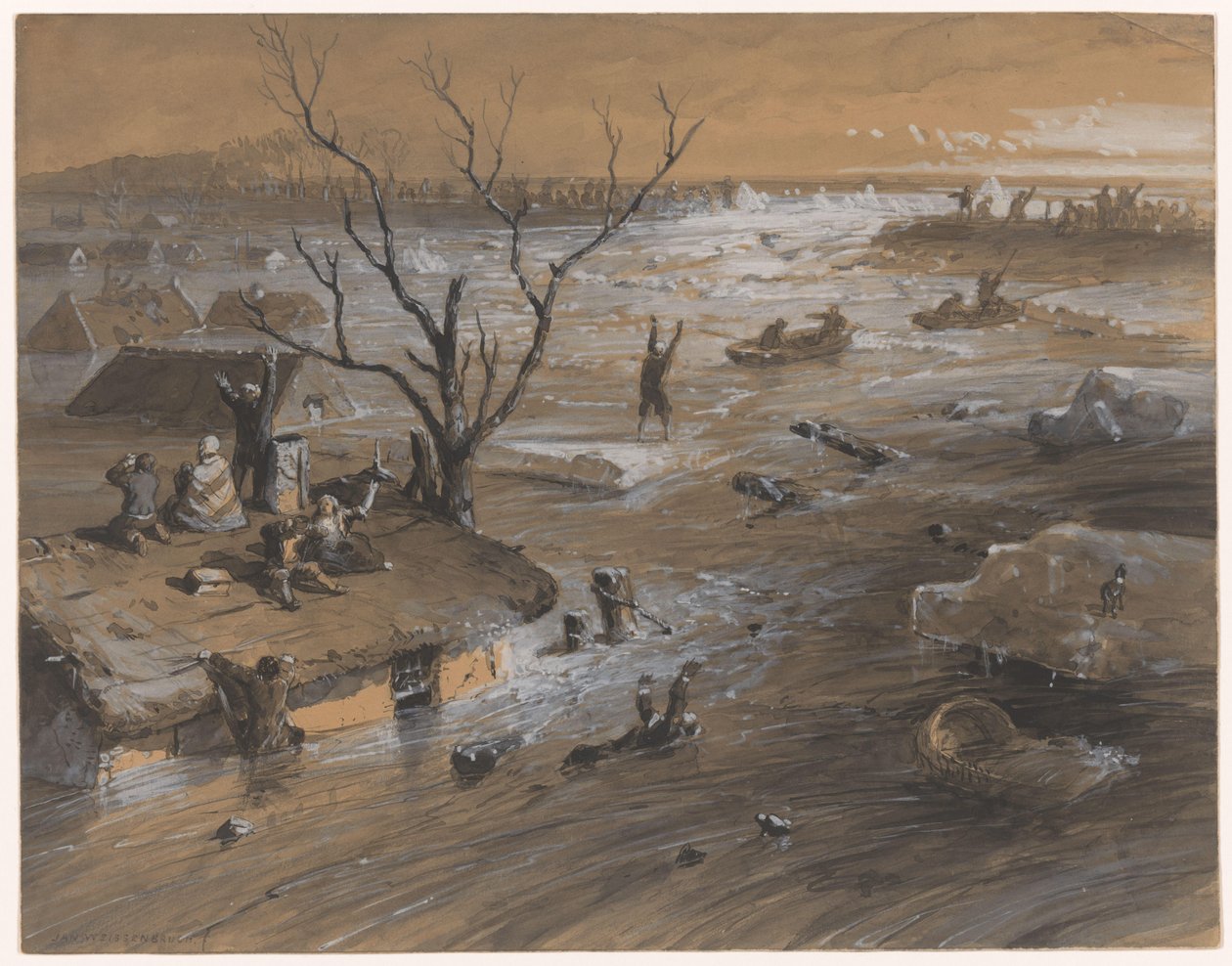 Protržení hráze v Brakelu, 4. ledna 1861 (název na objektu) od Johan Hendrik Weissenbruch (signed by artist)