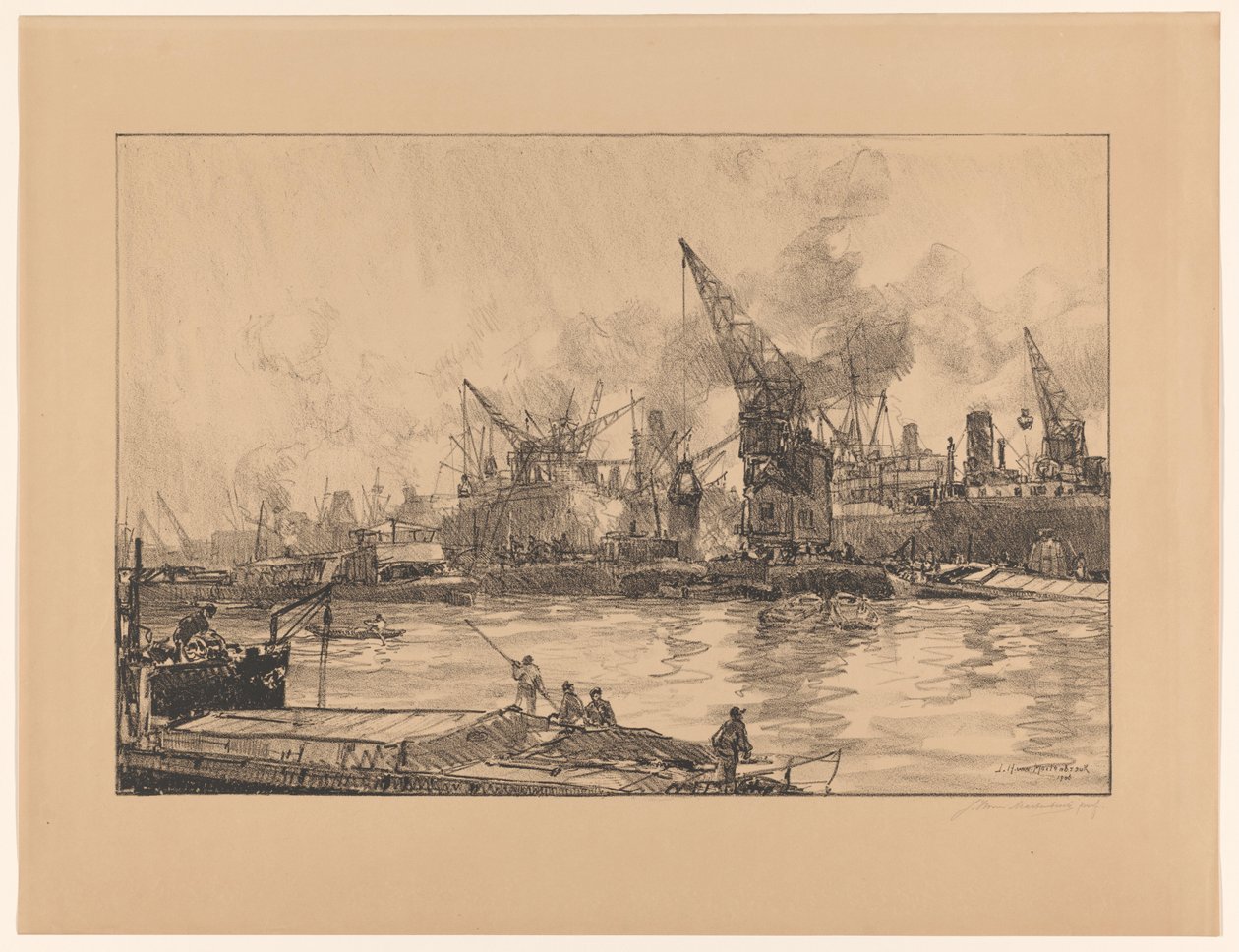 Pohled na přístav Rotterdam, s různými jeřáby od Johan Hendrik van Mastenbroek (signed by artist)