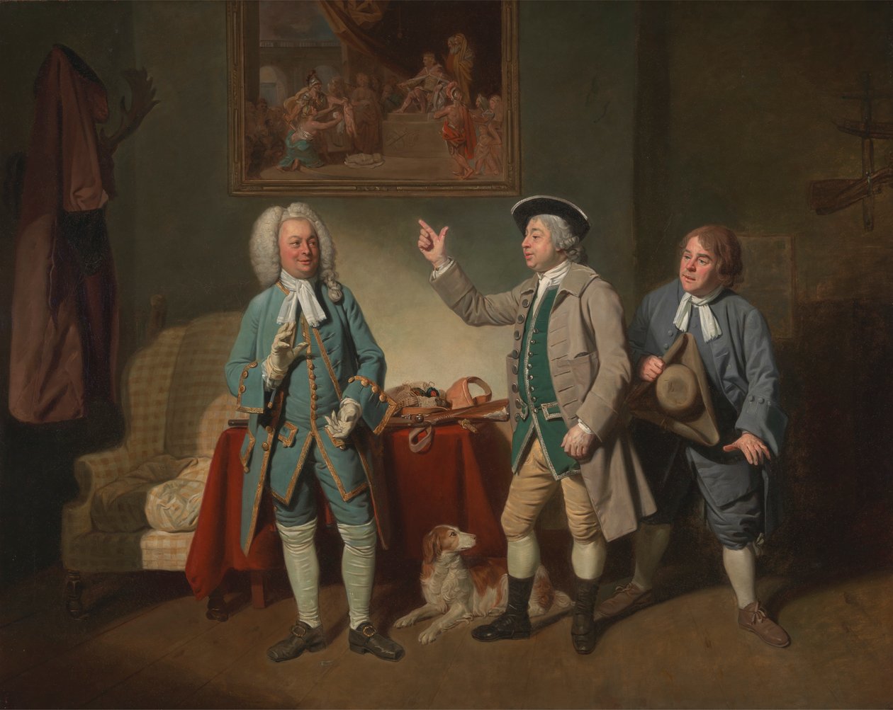 Edward Shuter, John Beard a John Dunstall ve filmu Isaaca Bickertona „Láska ve vesnici“ od Johan Joseph Zoffany RA