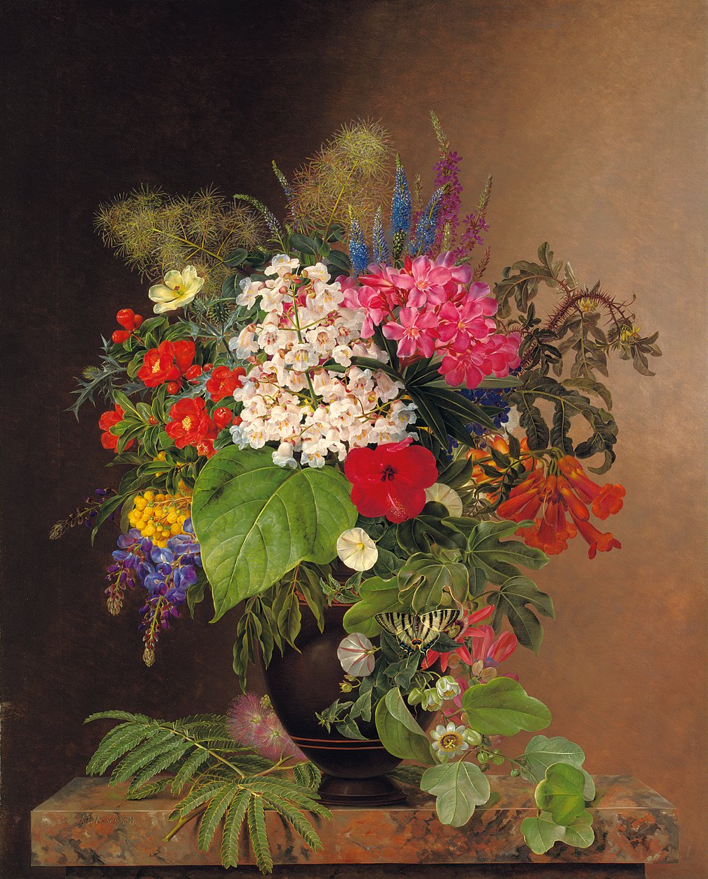 Convolvulus, lupiny, rozrazil a fuschia ve váze, 1833 od Johan Laurents Jensen
