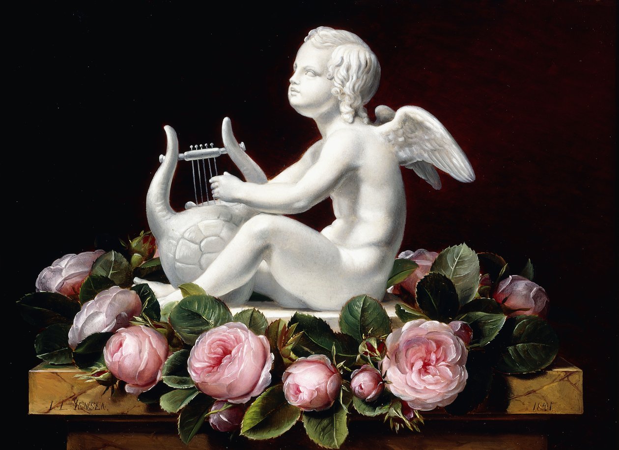 Věnec růžových růží kolem Amor hrající na lyru na mramorové římse, 1841 od Johan Laurents Jensen