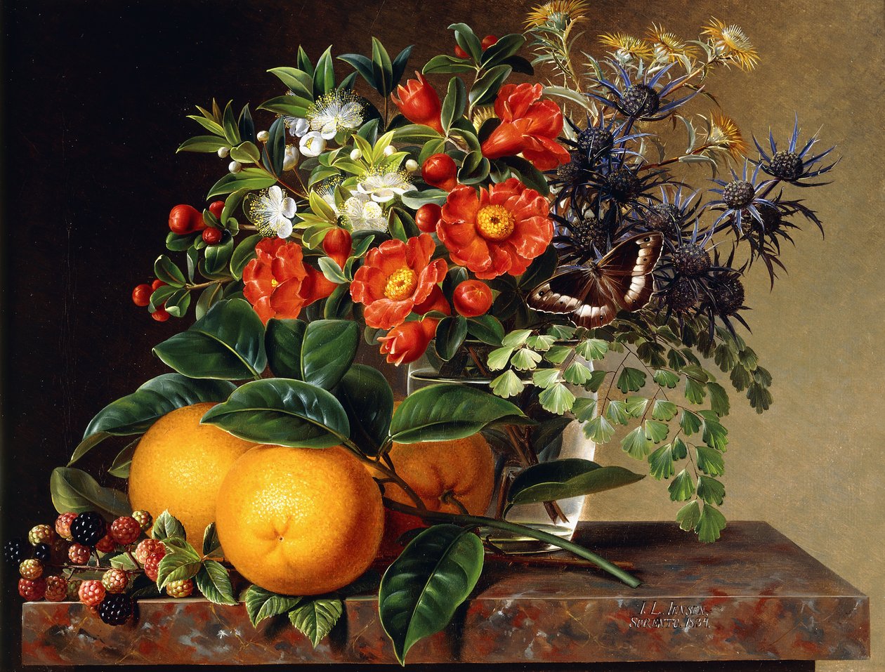 Pomeranče, ostružiny a váza s květinami na římse, 1834 od Johan Laurents Jensen