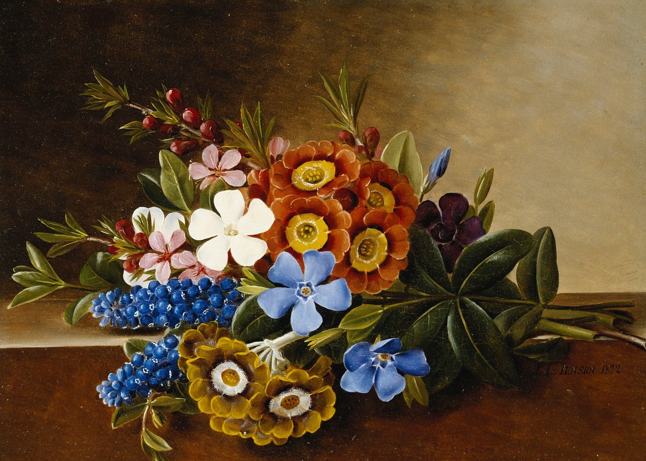 Barvínek, Auricula a hroznové hyacinty na mramorové římse, 1882 od Johan Laurents Jensen