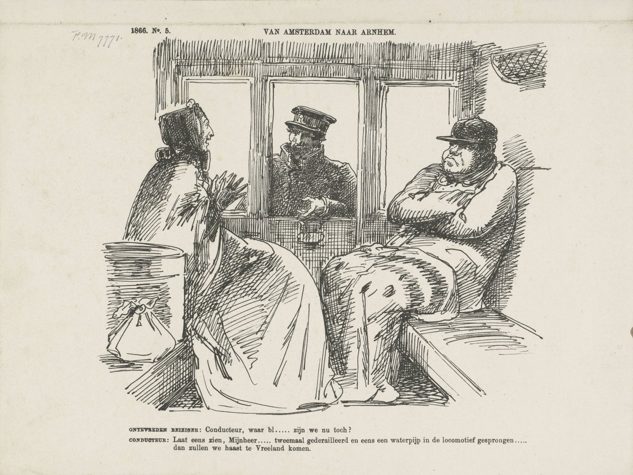 Karikatura mnoha nehod na Rhijnspoorweg, 1866 Z Amsterdamu do Arnhemu (název na objektu) od Johan Michaël Schmidt Crans