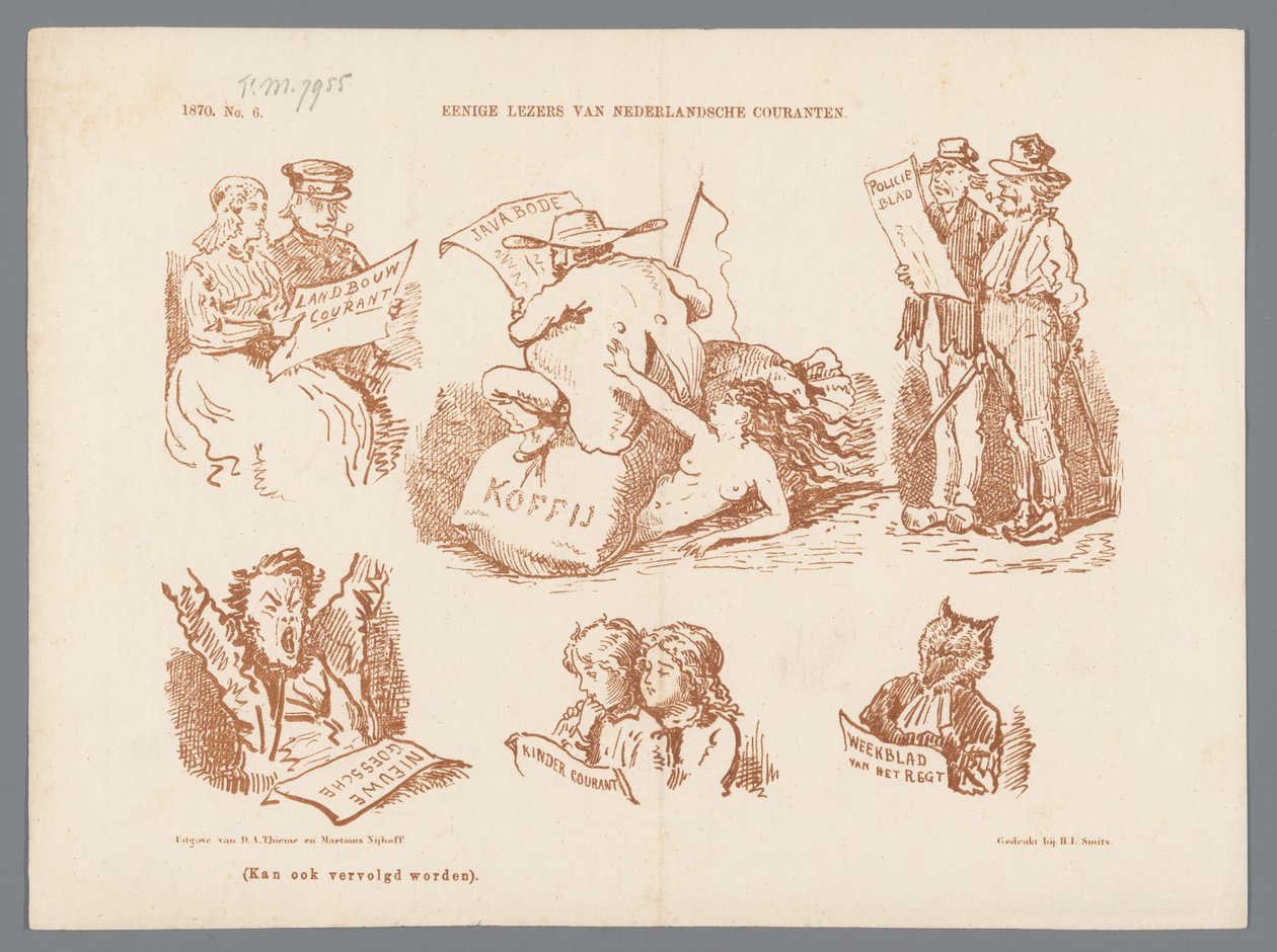 Karikatura různých typů čtenářů novin, 1870 Někteří čtenáři holandských novin (název na objektu) od Johan Michaël Schmidt Crans