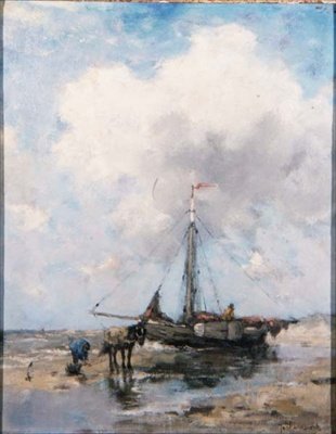 Rybářská loď na pláži (board) od Johan Scherrewitz