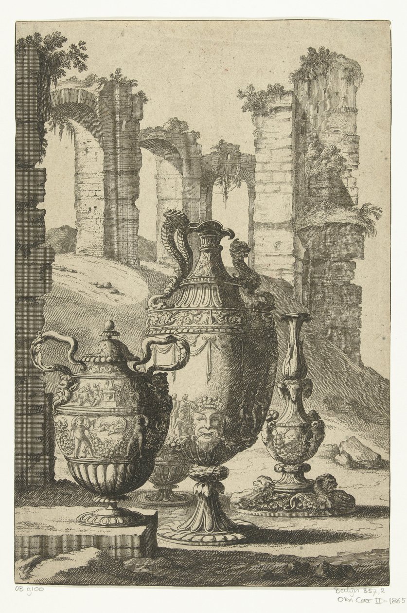 Tři vázy a svícen Materiam superabat opus (název na objektu) Vázy a svícny (název série) od Johan Teyler (attributed to)