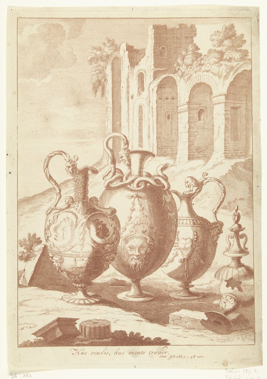 Čtyři vázy, čtvrtá rozbitá Huc oculis, huc mente trahor (název na objektu) Vázy a svícny (název série) od Johan Teyler (attributed to)