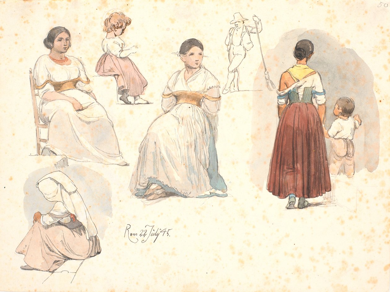 Čtyři studie italských žen, jedna s dítětem u ruky, dále studie dítěte a studie metaře ulic od Johan Thomas Lundbye
