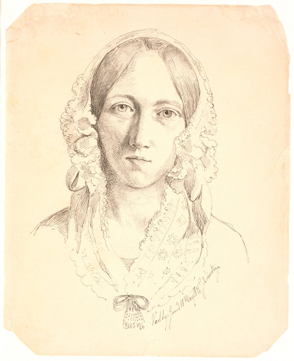 Portrét mladé ženy, jedna tvář. Možná zastupující Louise Marie Neergaard (1816-1895) od Johan Thomas Lundbye