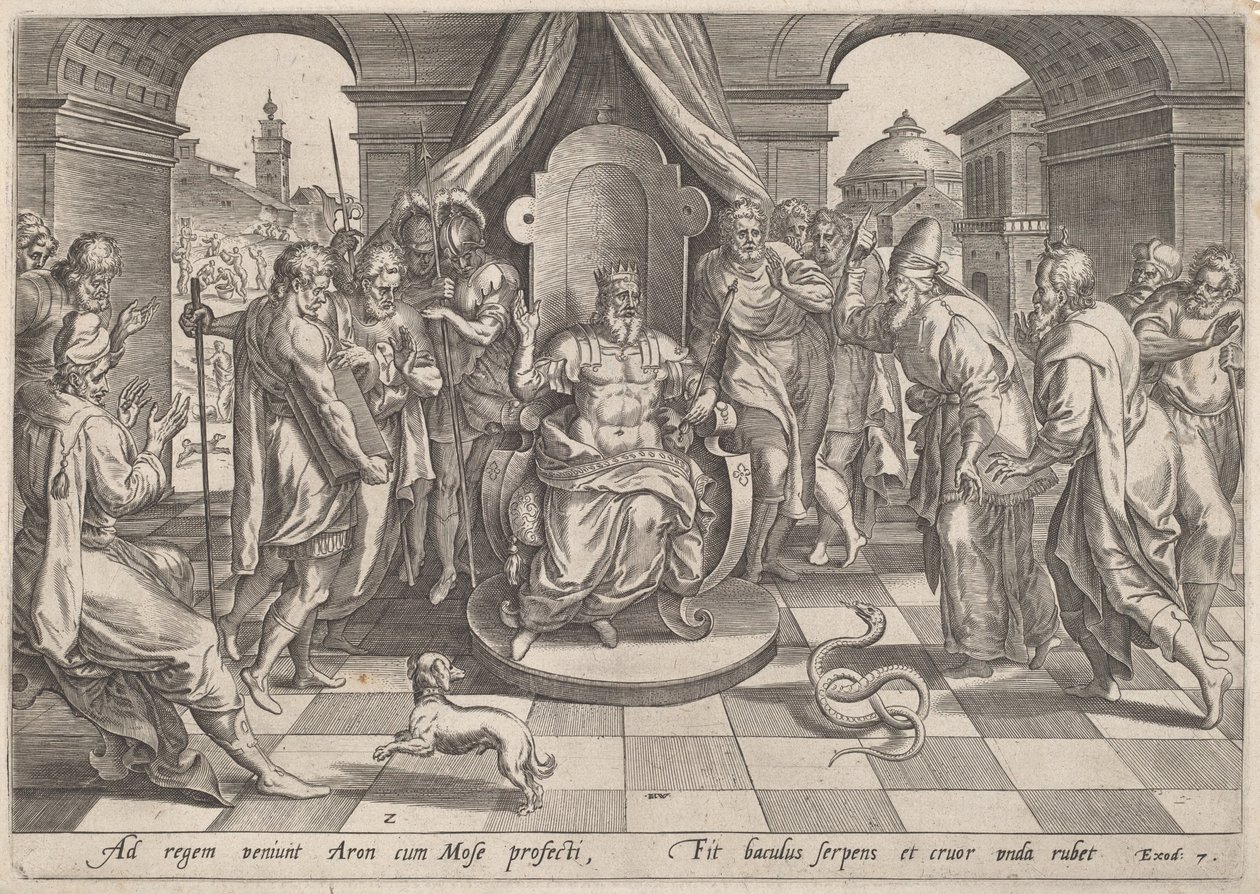 Mojžíš a Áron před faraónem od Johan Wierix, after Maarten van Cleef