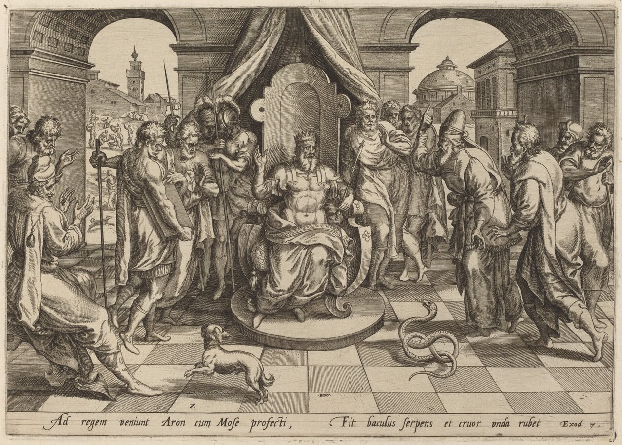Mojžíš a Áron před farou od Johan Wierix, after Maarten van Cleef