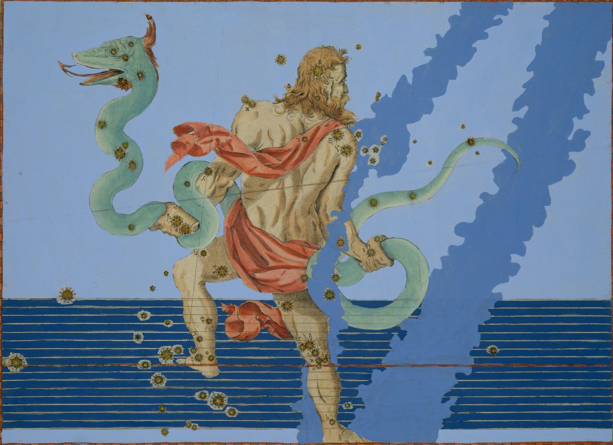 Souhvězdí skupiny Ophiuchus, z knihy "Uranometria" od Johanna Bayera, vyryl Alexander Mair (1559-c.1616) 1603 (ručně kolorovaná mědirytina) od Johann Bayer