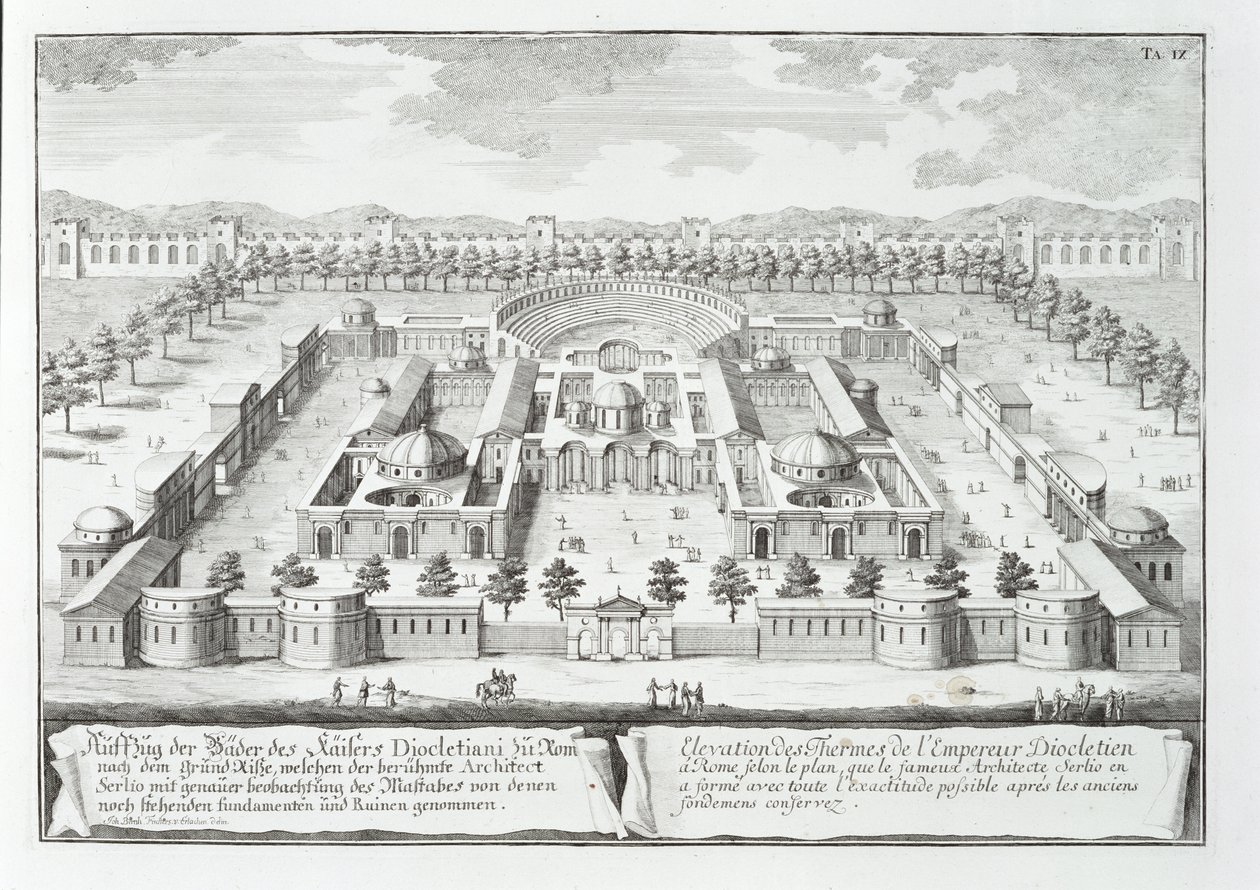 Diokleciánovy lázně (302 n. l.), Řím, z knihy "Entwurf einer historischen Architektur", 1721 od Johann Bernhard Fischer von Erlach