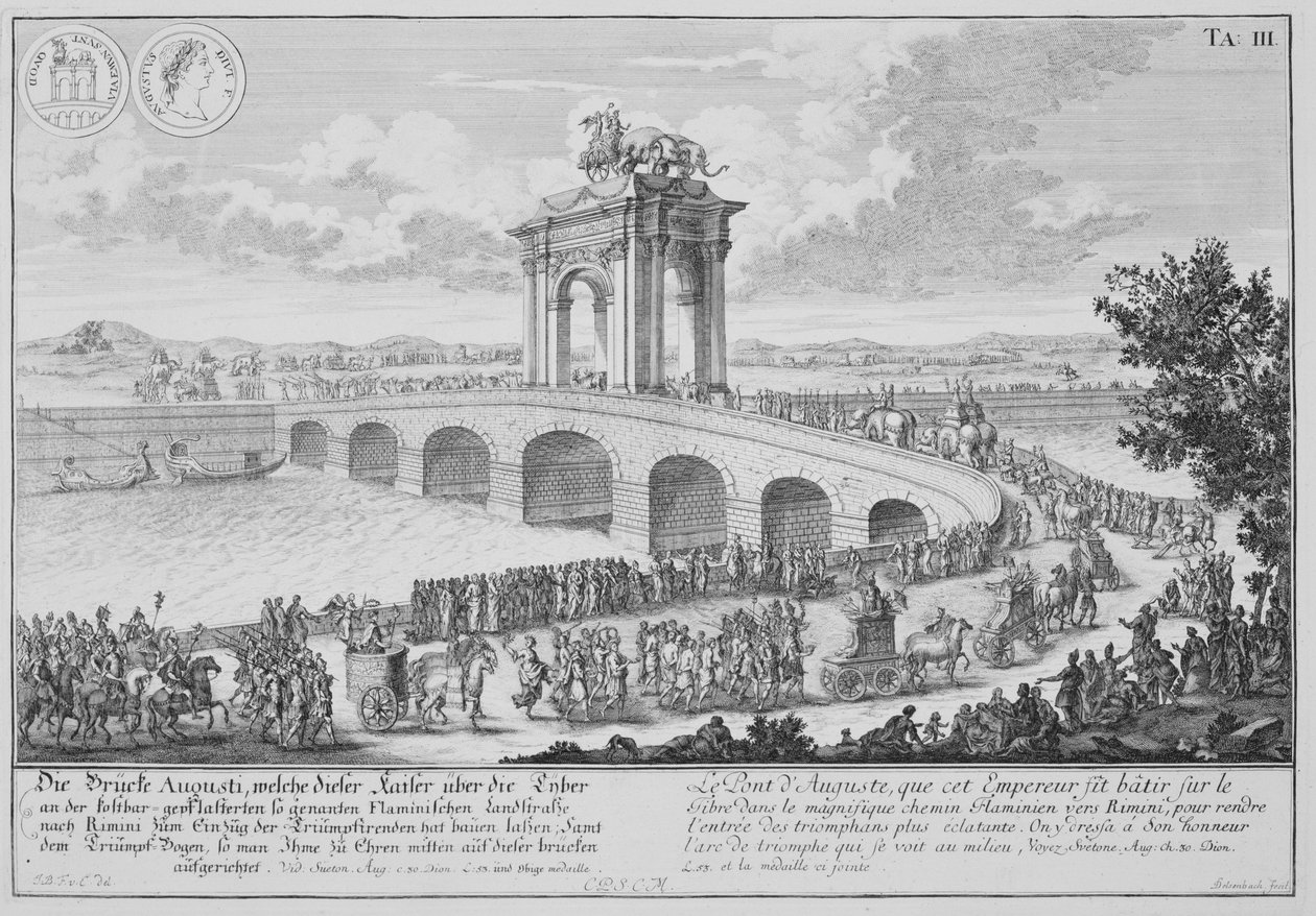 Augustův most na Via Flaminia, poblíž Rimini, Itálie, z „Plánu historické architektury“, vyryl Johann Adam Delsenbach (1687-1765) 1721 od Johann Bernhard Fischer von Erlach