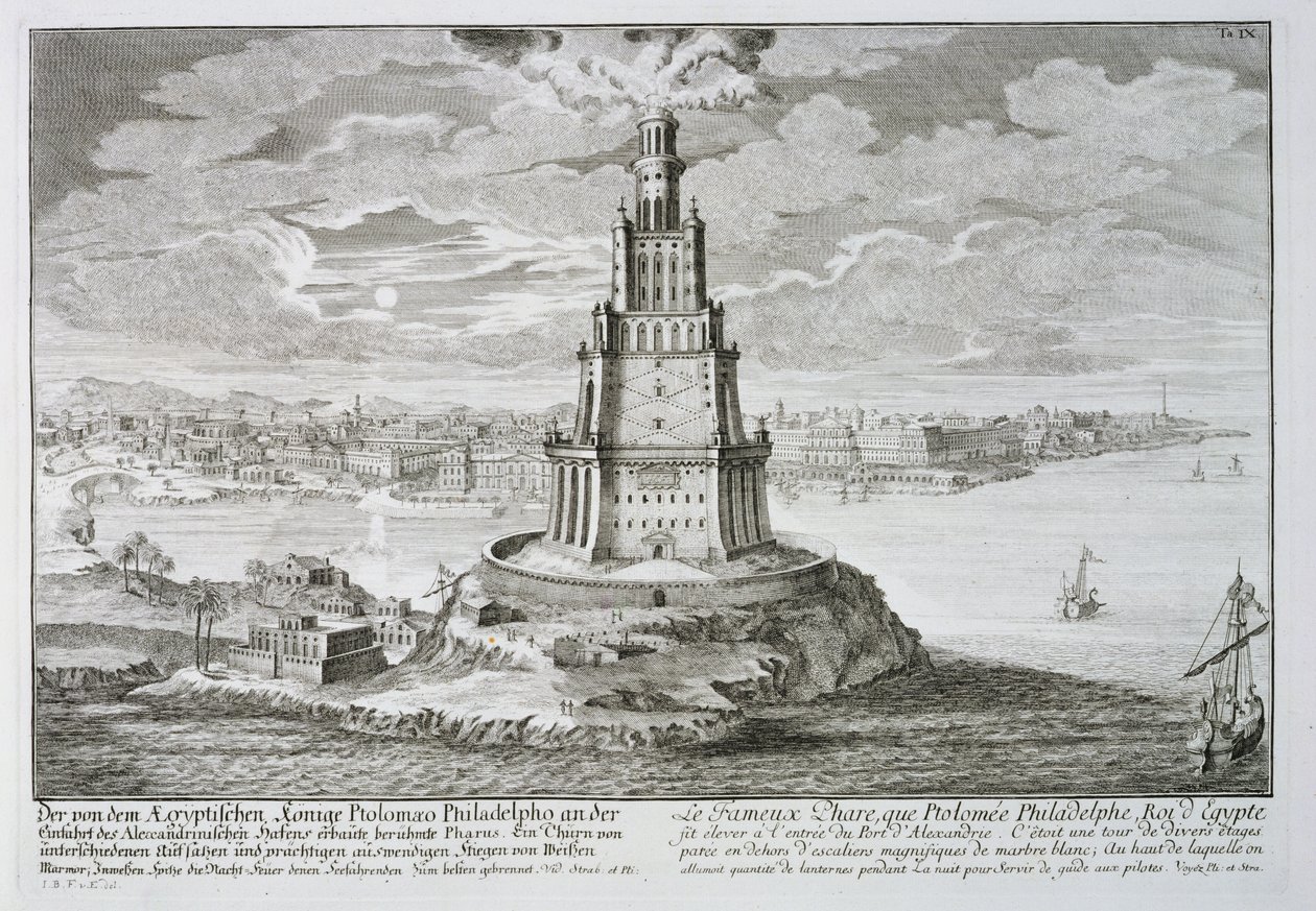 Maják v Alexandrii, postavený Ptolemaiem Velikým (36-po 30 př.nl), Egypt, z „Entwurf einer historischen Architektur“, vyryl Johann Adam Delsenbach (1687-1765) 1721 od Johann Bernhard Fischer von Erlach