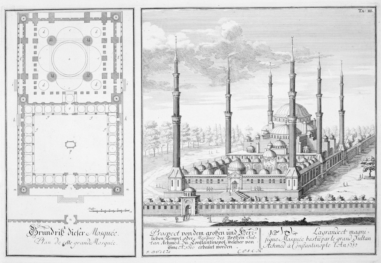Plán a pohled na Modrou mešitu (1609-16), postavenou sultánem Ahmedem I. (1603-17), Istanbul, z „Plánu historické architektury“, 1721 od Johann Bernhard Fischer von Erlach