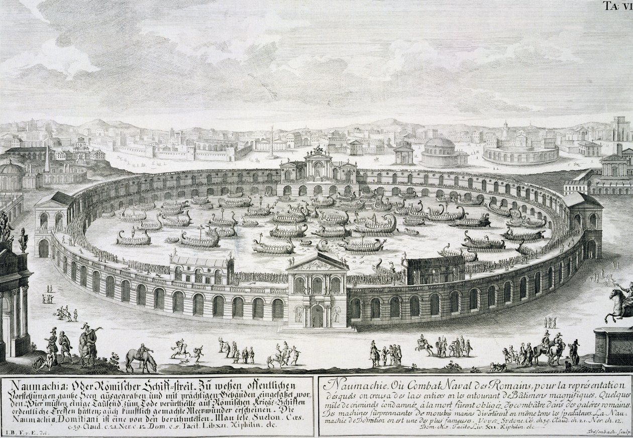 Rekonstrukce římské námořní bitvy, z „návrhu historického architekta“, vyryl Johann Adam Delsenbach (1687-1765), 1721 od Johann Bernhard Fischer von Erlach