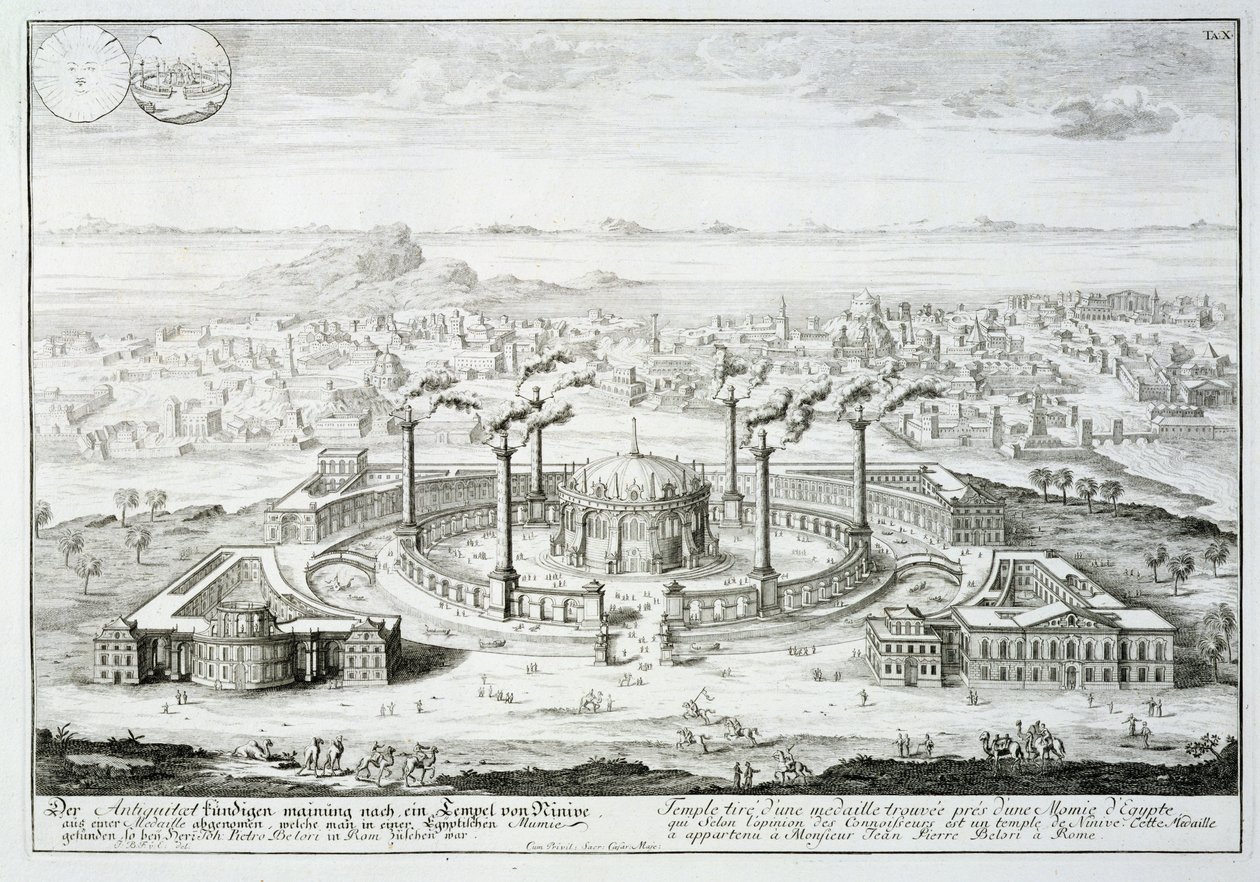 Chrám zkopírovaný z návrhu na medaili nalezené vedle egyptské mumie, z „Entwurf einer historischen Architektur“, 1721 od Johann Bernhard Fischer von Erlach