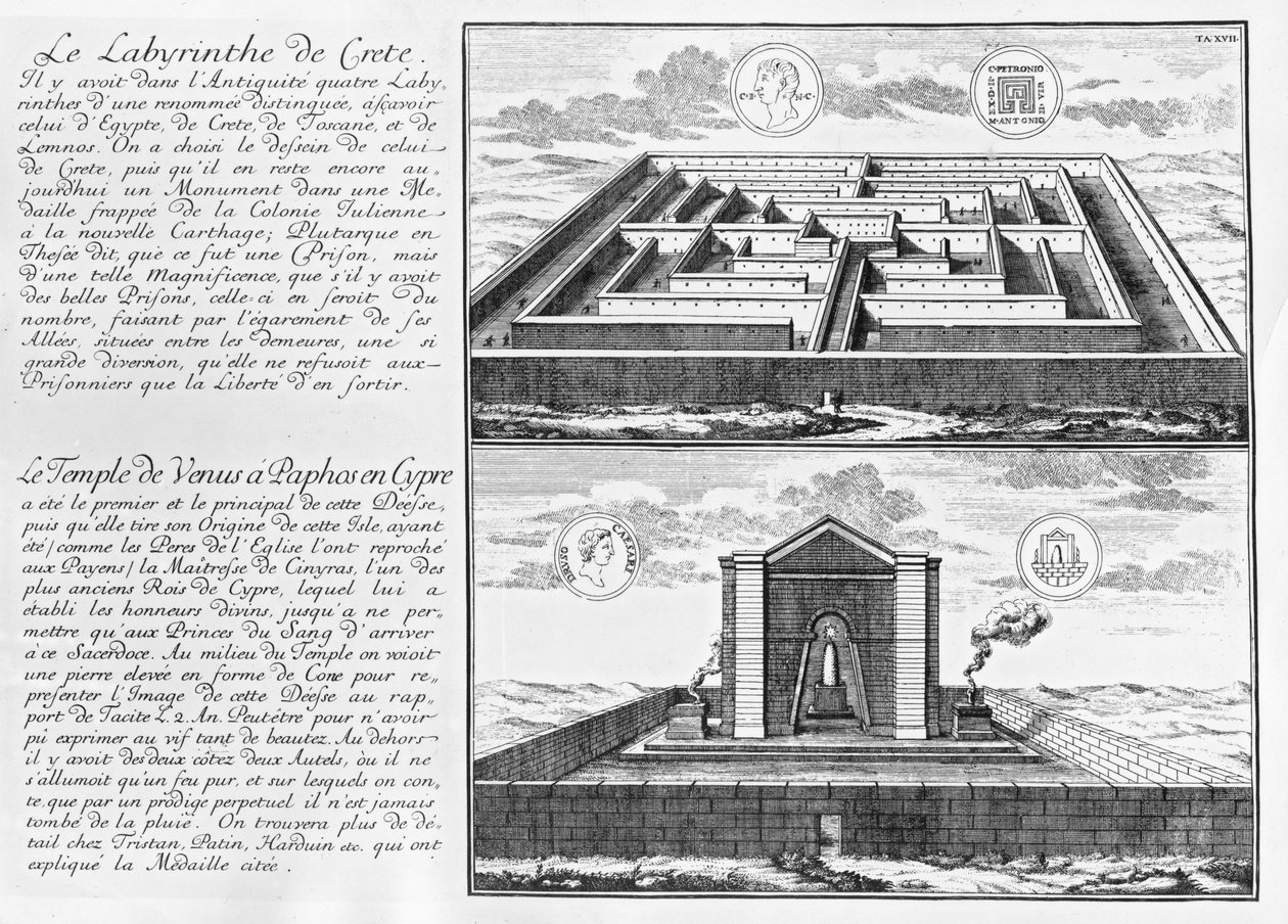 Labyrint na Krétě a Venušin chrám v Pafosu na Kypru, z "Plánu občanské a historické architektury", 1721. od Johann Bernhard Fischer von Erlach