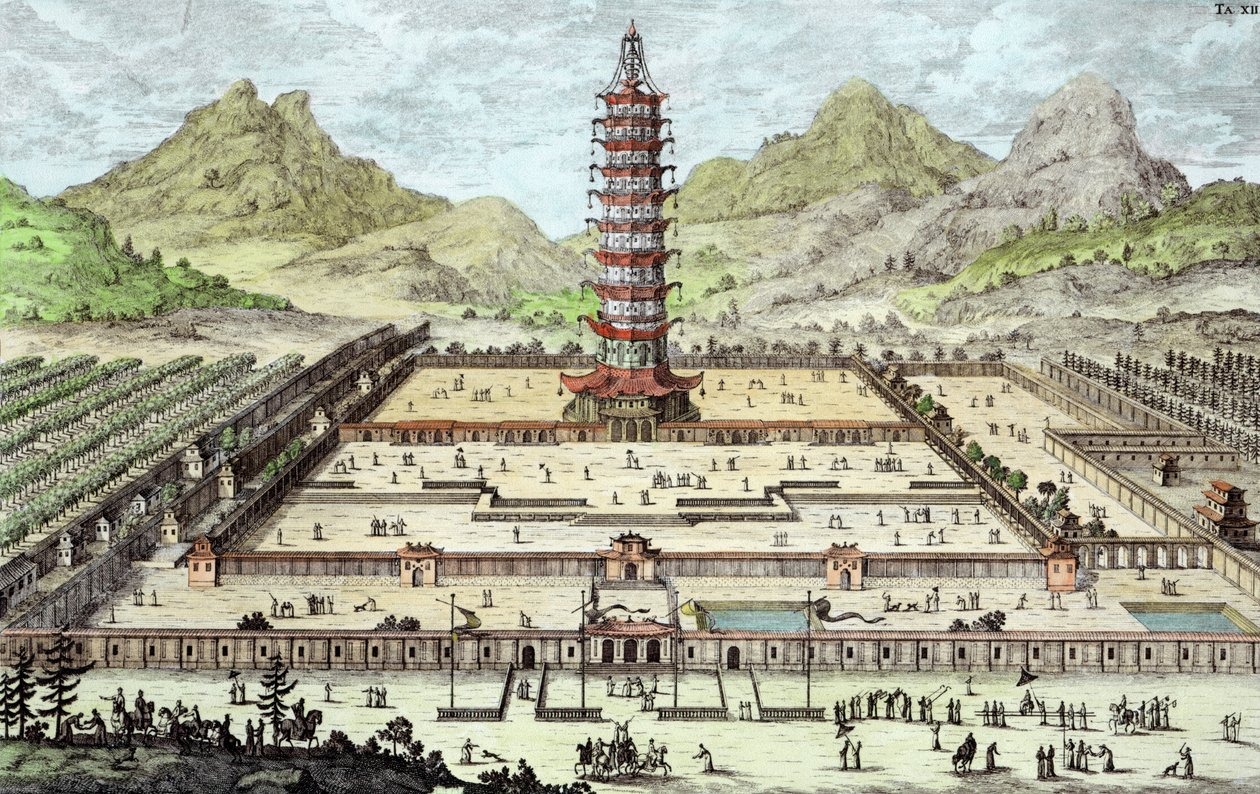 Porcelánová věž v Nankingu, deska 12 z „Návrh historické architektury“, vyryl Johann Adam Delsenbach (1687-1765) 1721 (pozdější barva) od Johann Bernhard Fischer von Erlach