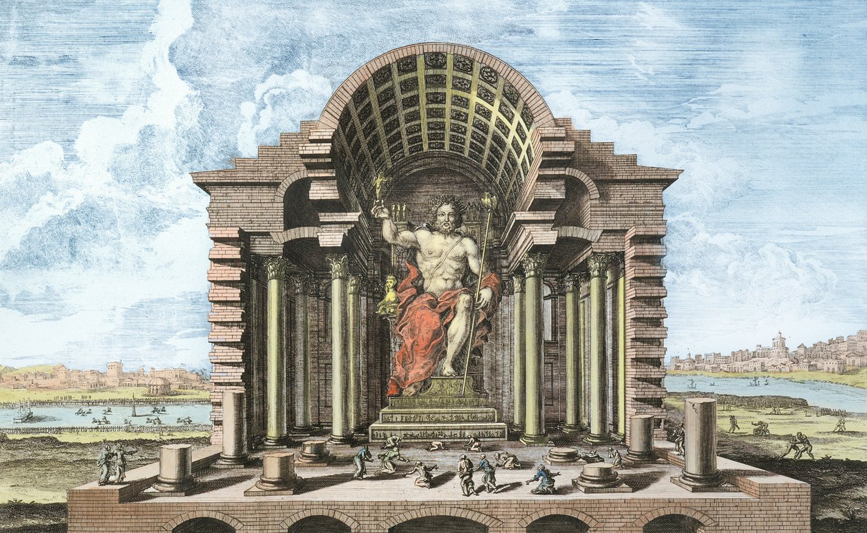 Socha Dia Olympského od Phidias, deska 5 z „Návrh historické architektury“, vyryla Johann Adam Delsenbach (1687-1765) 1721 (pozdější barva) od Johann Bernhard Fischer von Erlach