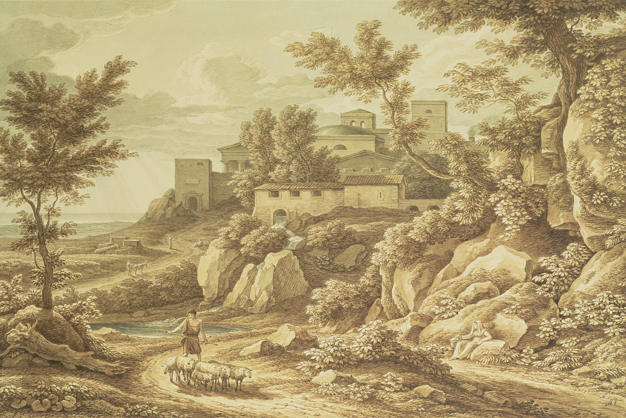 Klasická krajina s pastýřem, 1828 (pero a tuš, wash, tužka a wc) od Johann Christian Reinhart