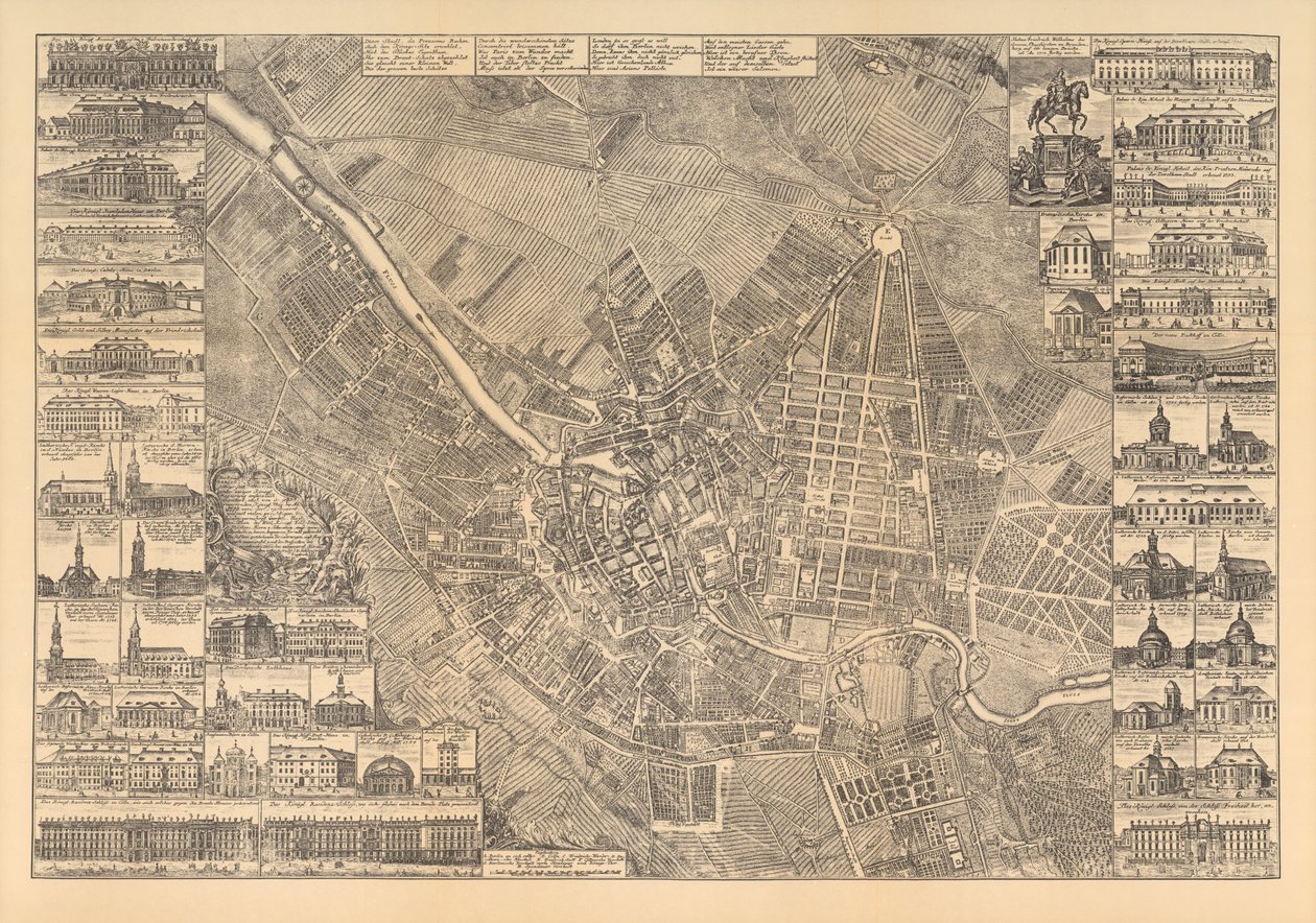 Mapa Berlína zobrazující zajímavé budovy, 1773 od Johann David Schleuen
