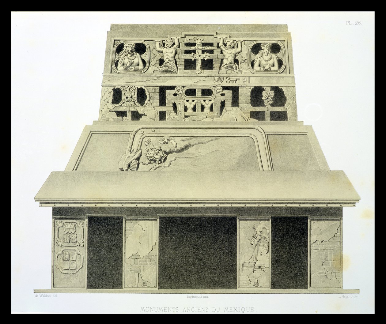 Fasáda Chrámu Slunce, Palenque, deska 26 z „Ancient Monuments of Mexico“, vyryla Eugene Ciceri (1813-90) 1866 od Johann Friedrich Maximilian von Waldeck